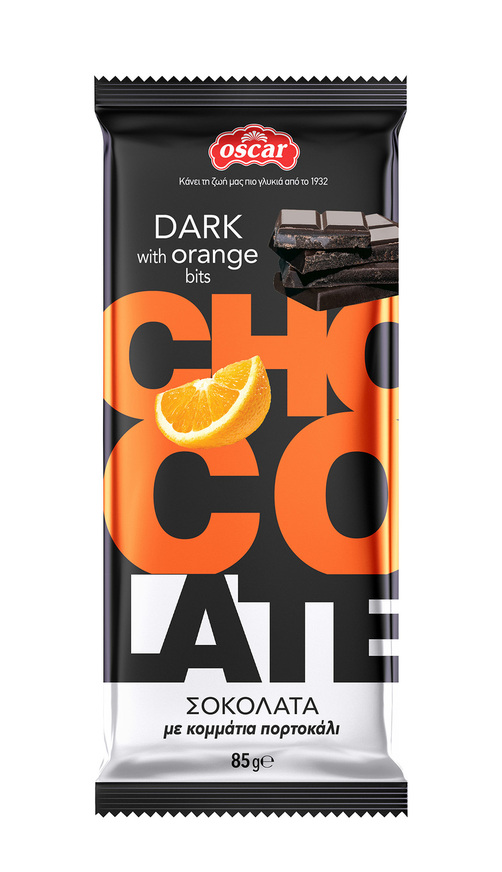 Dark chocolate with orange pieces flowpack OSCAR 85g